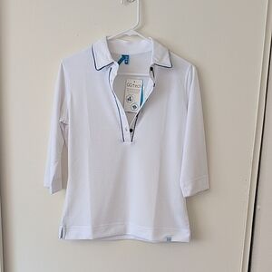 GG Blue Womens Med 3/4 Sleeve Athletic Polo Shirt White Golf Tennis Pickleball